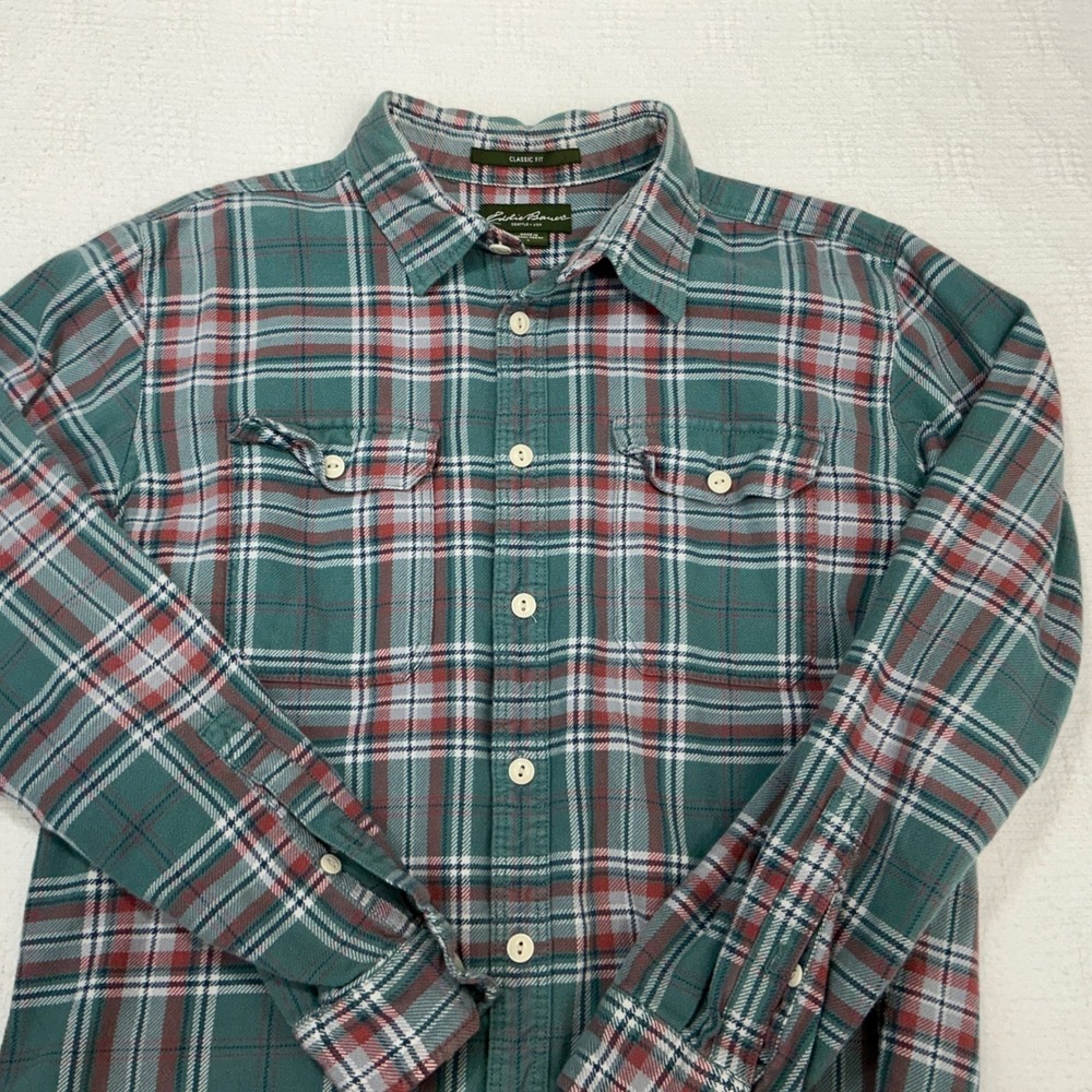 Eddie Bauer Mens Classic Fit Flannel Shirt Large Teal Red Plaid Long Sleeve L